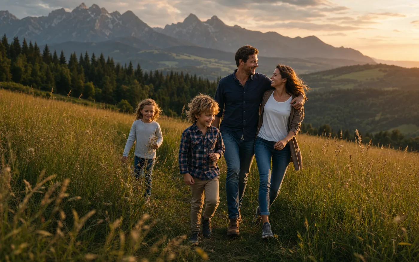 Eine Familie verbringt gemeinsame Zeit ohne berufliche Verpflichtungen