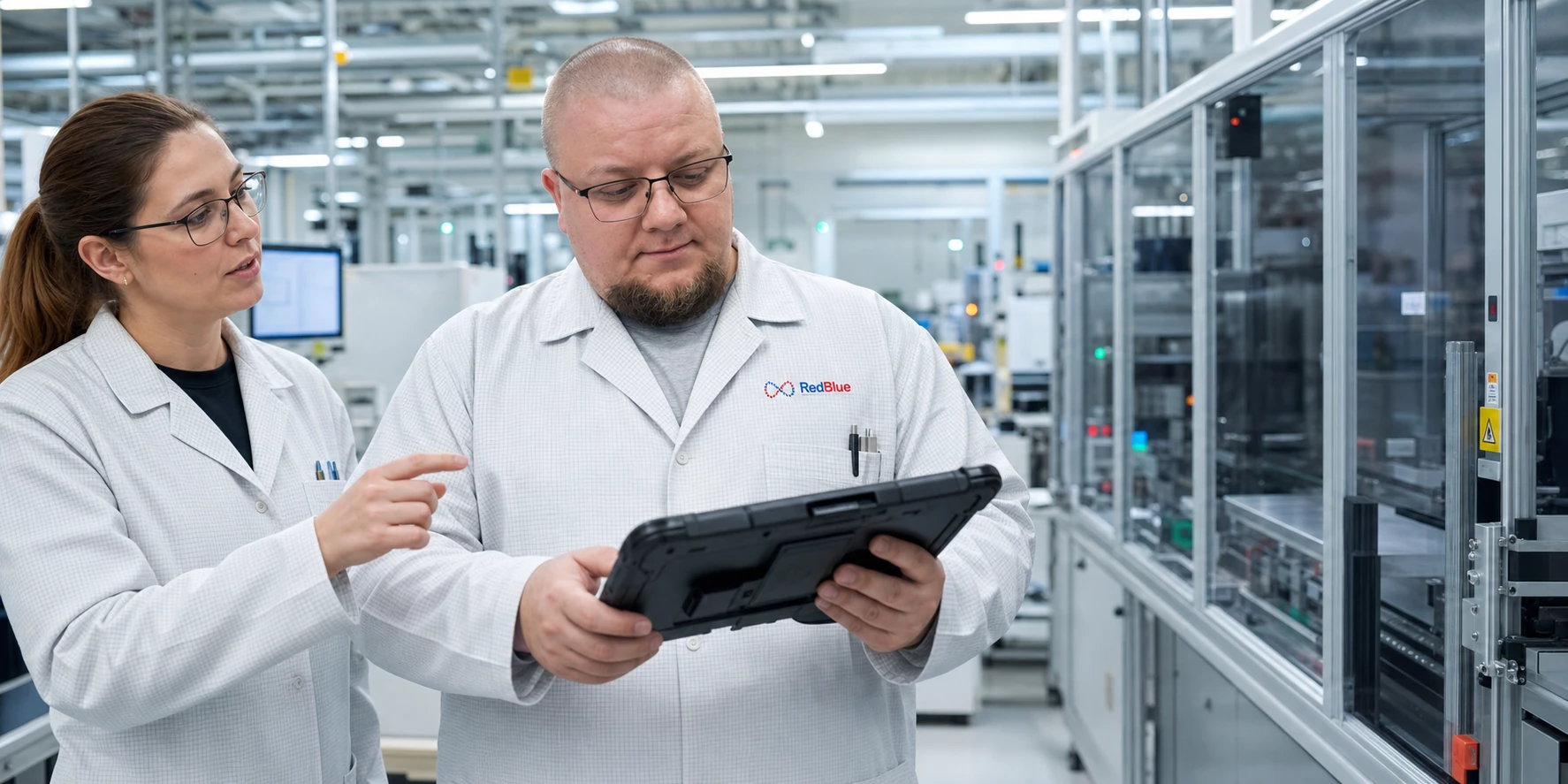 Der RedBlue-Gründer und eine Prozessingenieurin prüfen eine automatisierte Produktionslinie