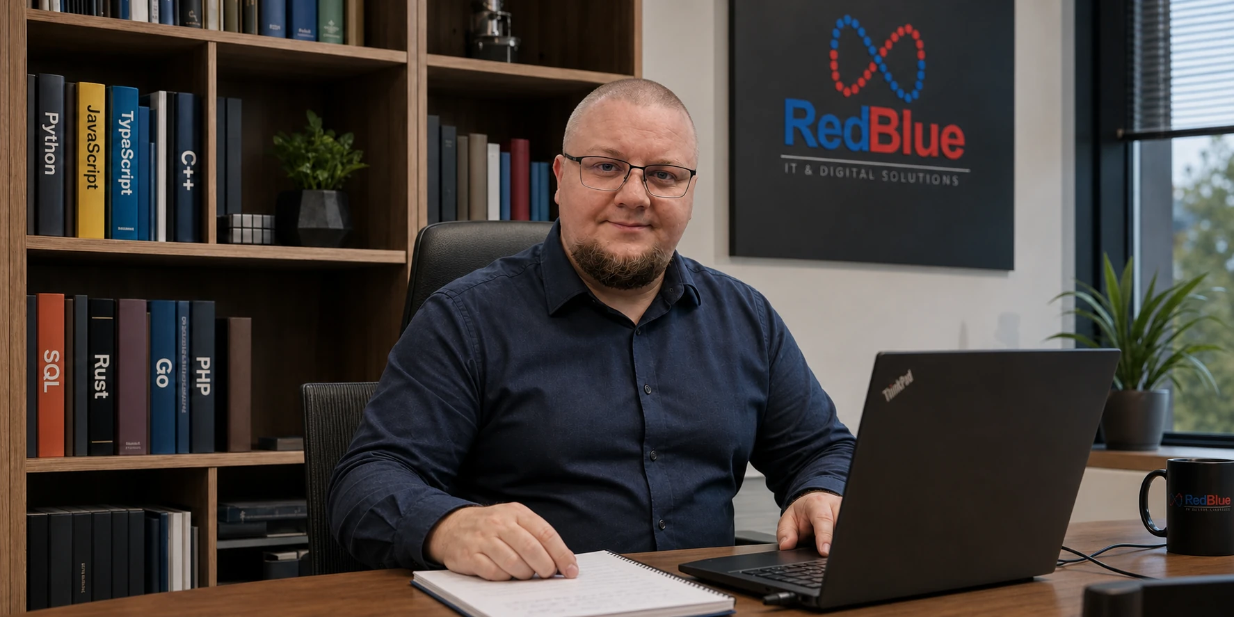 Der RedBlue-Gründer blickt am Schreibtisch mit einem leichten Lächeln in die Kamera