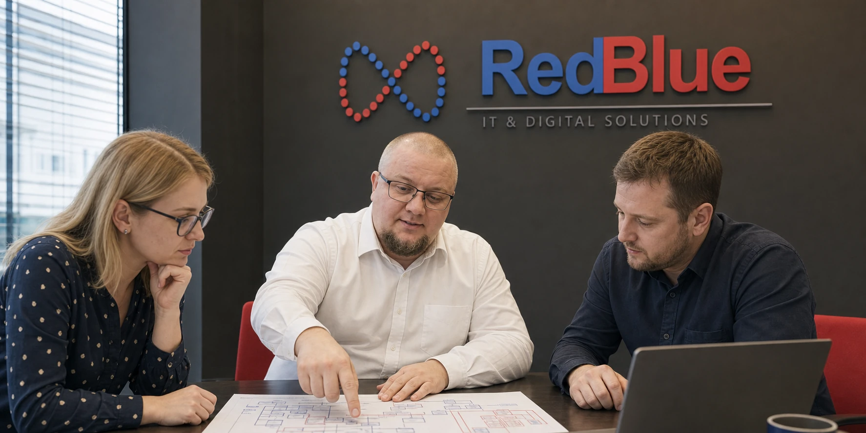 Der RedBlue-Gründer bespricht mit dem Team einen Arbeitsablauf in einem Büro mit Firmenlogo