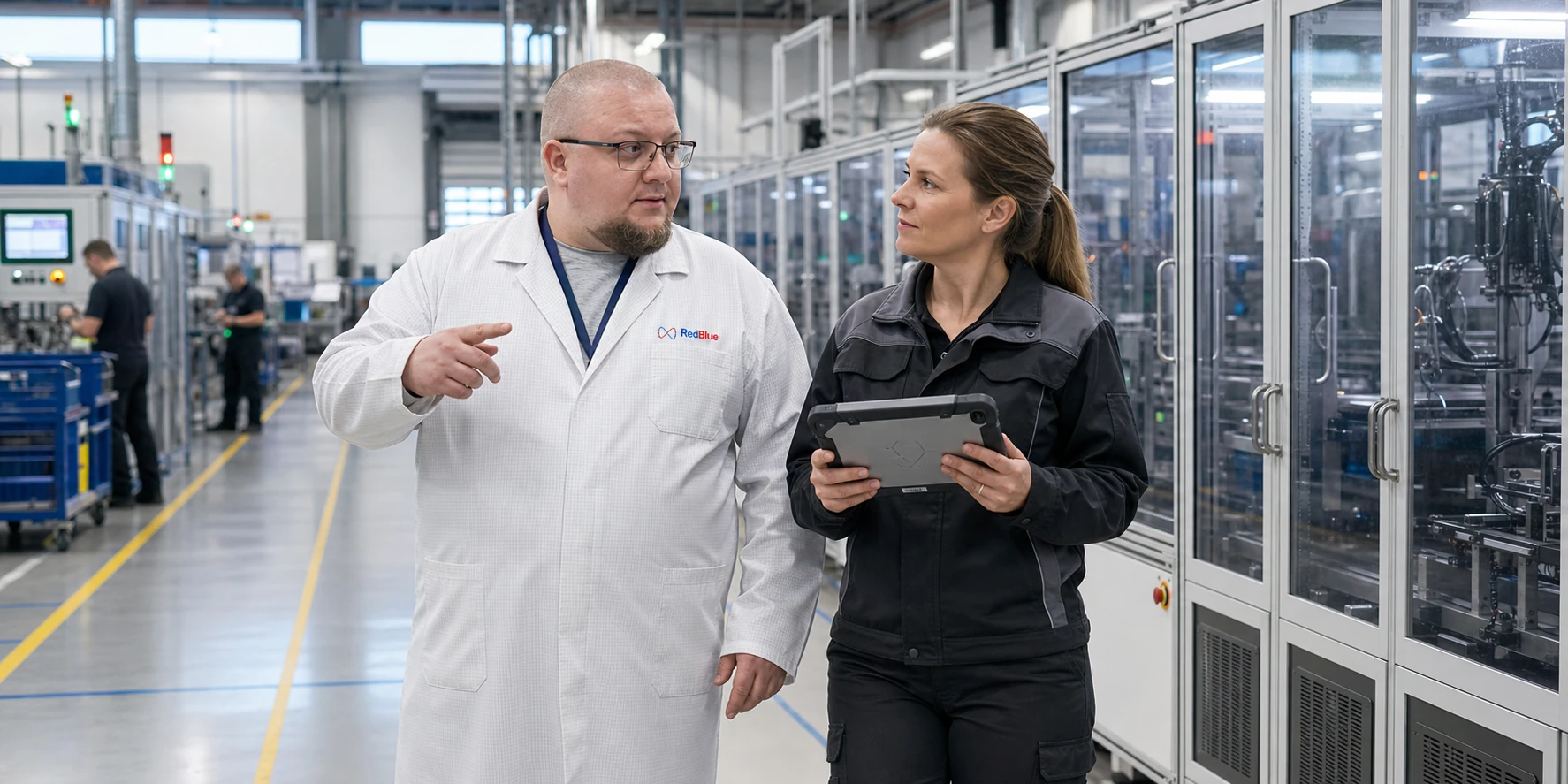 Der RedBlue-Gründer geht durch eine Produktionshalle und bespricht Automatisierungsergebnisse