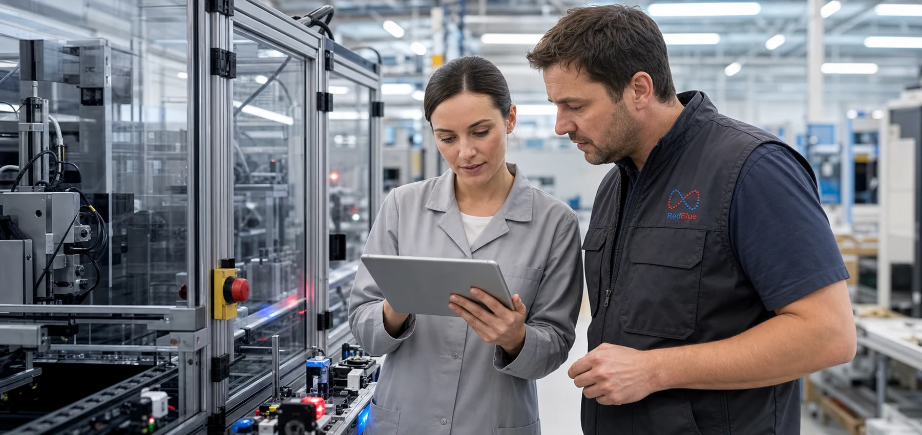 Eine mitteleuropäische Prozessingenieurin und ein RedBlue-Techniker prüfen eine automatisierte Montagelinie